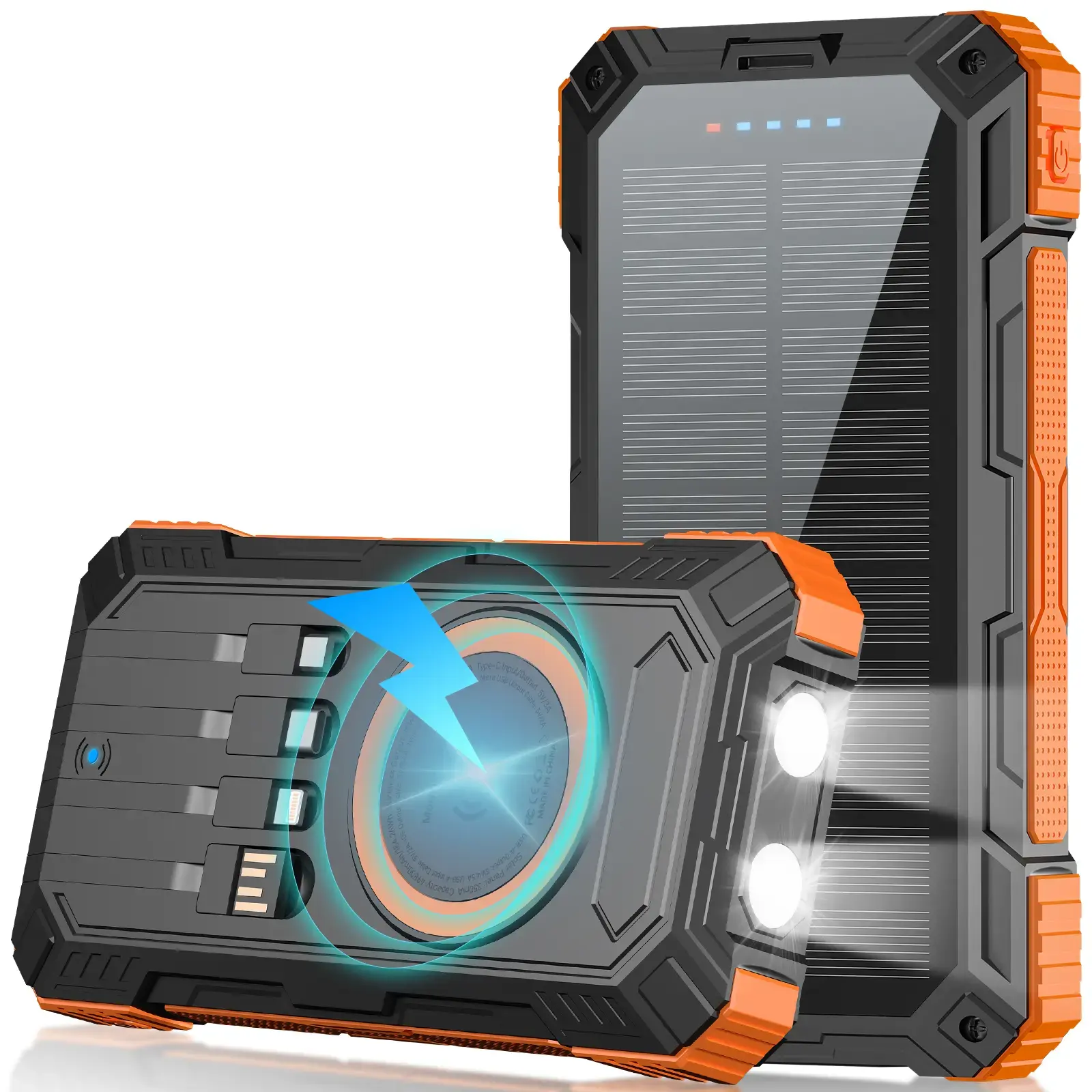 20000mAh Solar Power Bank Wireless Charger, Built in 4 Cables 6 Outputs 15W Fast Charging, Durable Lithium Battery Pack with Dual Flashlights for All Mobile Devices ﻿