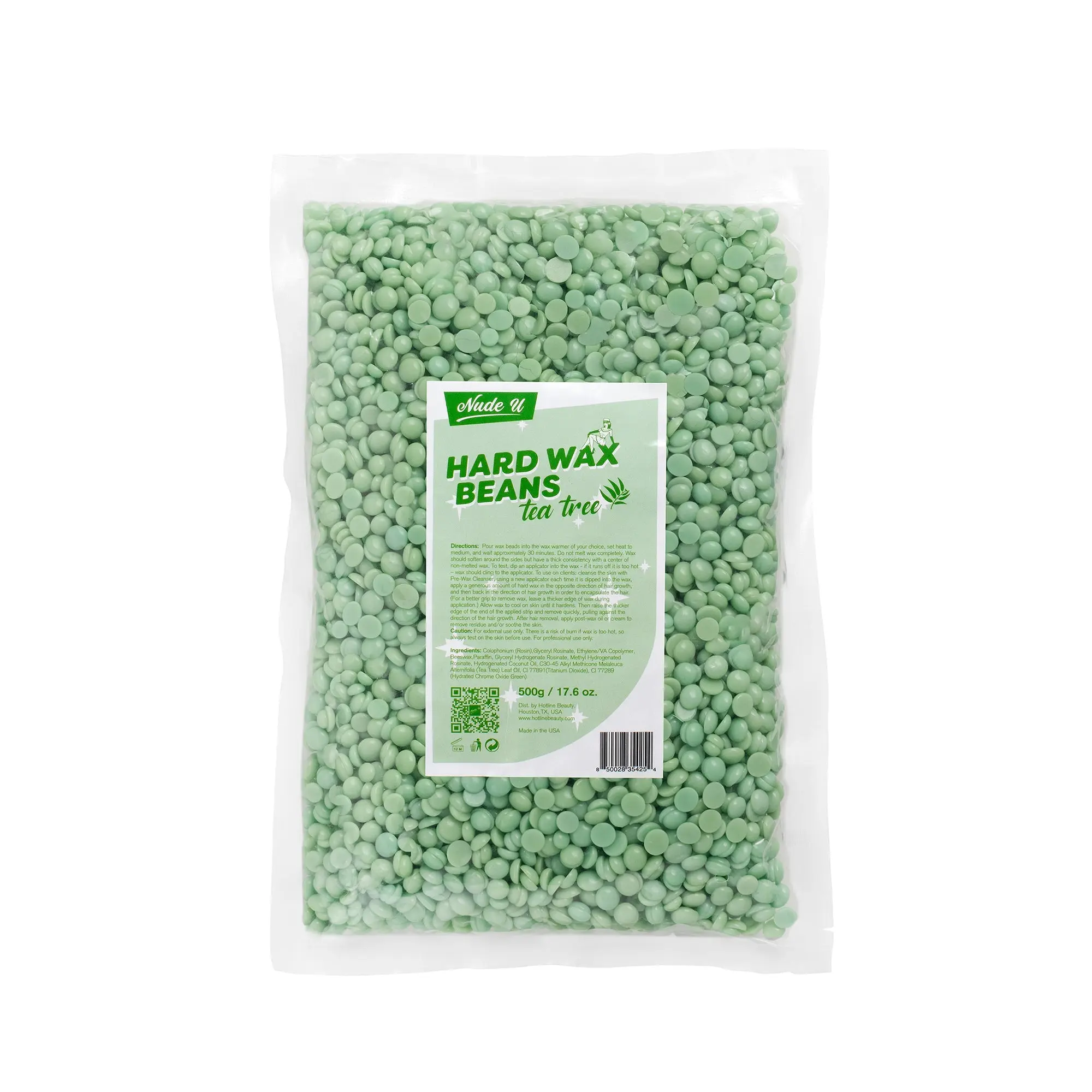 Hard Wax Beans Tea Tree NUDE U - Green Beans for Body Care, Hair Removal, and Applicator Use
