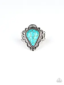 Desert Escape - Blue Turquoise Stone Teardrop in Silver Triangular Frame with Scalloped Texture Stretchy Ring