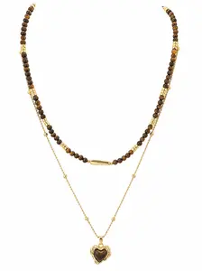 Women's Vintage Tiger Eye Heart Pendant Gold Beaded Double-Layer Layered Necklace, Old Money Aesthetic Costume Jewelry Gift