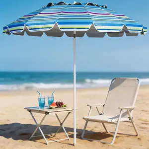 8FT Striped Sun Parasol Umbrella, Heavy-Duty Windproof Beach Umbrella with Sand Anchor & Adjustable Tilt Canopy, UPF50+ Sun Protection, Portable with Carry Bag for Beach, Patio