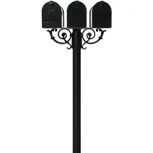 Cast Aluminum Triple Mailbox Post System with 3 Economy Mailboxes, Mounting Brackets and Scroll Supports, Ships in 2 Boxes