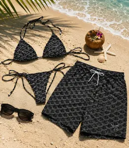 Black Luxury Couple Swimwear Set – String Bikini & Beach Shorts, TikTok Viral Couple Swimsuit Set – White Tropical Style