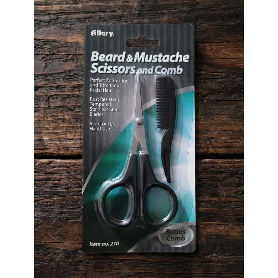Allary Beard & Mustache Scissors and Comb Set - Item No. 210 - Rust Resistant Tempered Stainless Steel Blades - Right or Left Hand Use - Bonus Comb