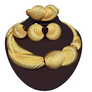 Luxury 18K Gold Plated Big Jewelry Set - Large Necklace Chunky Bangle Bracelet Moon Shape Piercing Earring Ring for Women Wedding Party Gift Finely Polished jewelry set