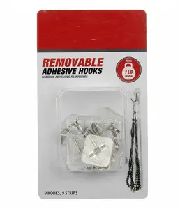 Removable Hinged Hooks, 9 Count Clear Hinged Hooks and 9 Strips, Plastic and Metal, 1lb