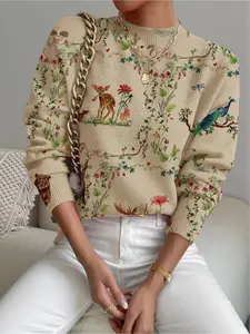 Women's Animal Print Stand Collar Sweater Knit Pullover, Fall Winter Casual Long Sleeve Knitwear, Comfortable Warm Fitted Top for Daily Wear, Womenswear