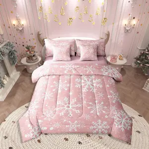 Pink Christmas Bed in a Bag,Comforter Set,7 Piece,Girly Romantic Snowflake Bedding Sets,Princess Winter Modern Pink Floral Sheet Set
