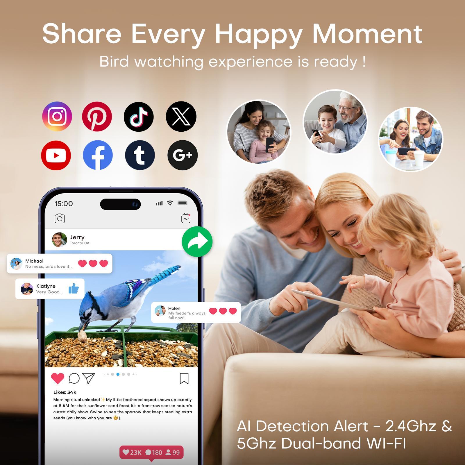 HomiQ Ai Smart Window Bird Feeder with 2K AI Camera – Auto Bird Species Recognition & Instant Alerts, Strong Acrylic, Starlight Night Vision, Anti-Glare, 5GHz WiFi, 24/7 Recording – Great Gift for Kids & Bird Lovers