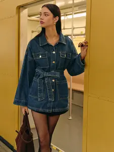 Women's Waist-Tie Midi Denim Jacket, Loose-Fit Single-Breasted Denim Dress With Large Pockets & Removable Belt, Suitable For Spring, Autumn And Winter.