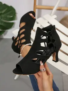 Trendy Hollow Out Strap Dance High Heels 2026, Women's Fish Mouth Mid Heel Sandals, Perfect for Ballroom Dance Classes and Events Rubber