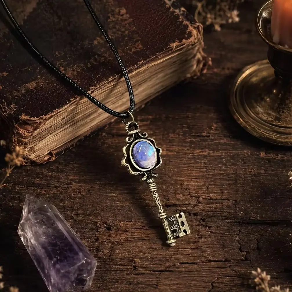 Key Shape Witch Necklace - Gothic Boho Alternative Style, Adjustable Length, Colorful Solid Copper Bronze Antiqued Finish, Color-Shifting Fluorite Chakra Protection Amulet, Unisex Vintage Petite Pendant, Daily Wear Jewelry Gift