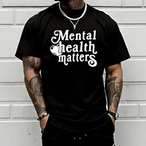 Retro floral letter print T-shirt, Mental Health Matters theme design—simple and gentle, 100% cotton loose fit, breathable and comfortable, street-style men’s short sleeves, versatile everyday casual statement top