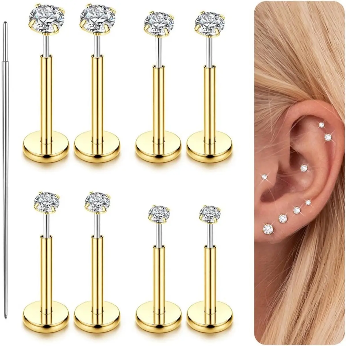 14K Gold Tone-18G-1.5/2./2.5/3mm CZ