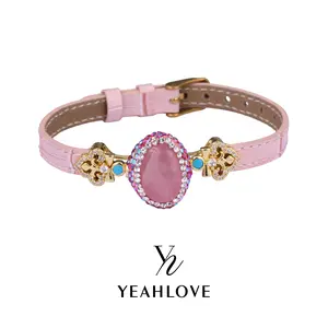 YEAHLOVE Pink Crocodile-Embossed Leather Bracelet  Oval rose quartz + iridescent crystal + turquoise accent. Vintage adjustable jewelry — elegant, meaningful, and perfect for gifting.