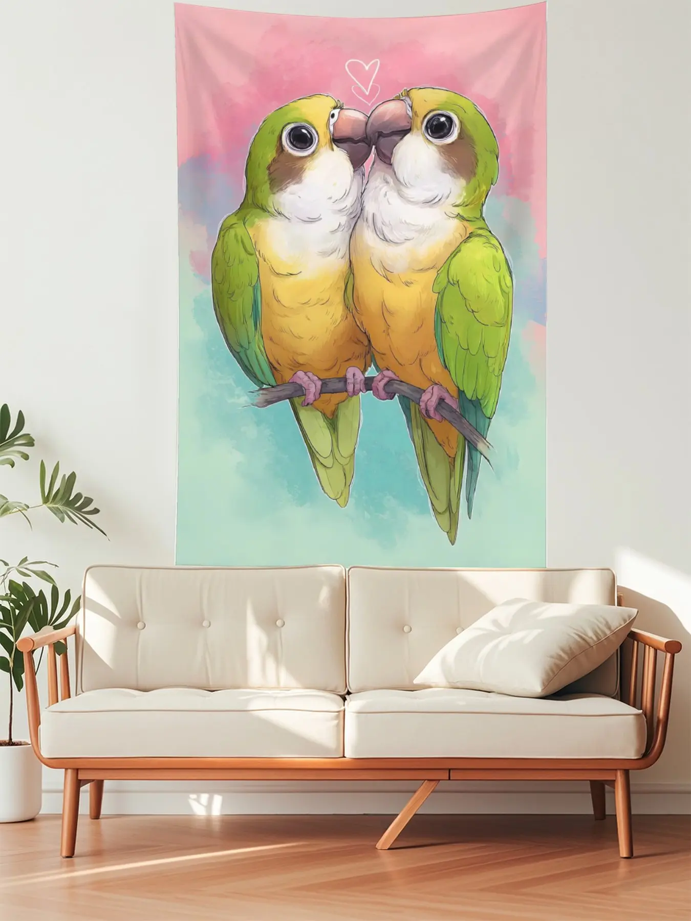 Lightweight Couple Birds Wall Tapestry, Decorative Romantic Green Lovebird Art, Romantic Gifts for Bedroom Decor Home Supplies Wall Hanging, D146920, One-Piece