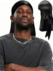 Silk Durag Headscarf Set, Elastic Wave Hairband with Long Tail, Breathable Polyester Satin Cap, Unisex Fitted Accessory for All Seasons
