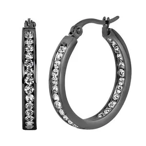 Stately Steel Round Inside-Outside Pavé Hoop Earrings - 1"