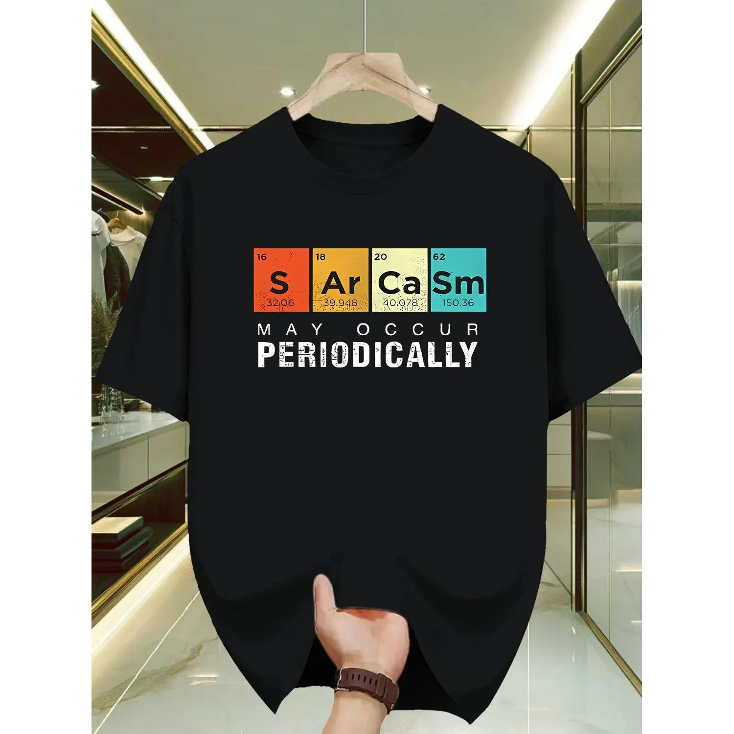 Men's Funny Periodic Table T-Shirt with Satirical Chemistry Elements - Slightly Stretchy Knit Crew Neck Tee Suitable for Fitness, Casual Wear & Science Events - Funny Chemist Gift, Adult Chemistry Theme Top