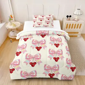 2/3Pcs Dopamine Cherry Bow Comforter Set, Fresh Sweet Girl Style Design, Soft Warm Skin-friendly, Suitable for Girls Bedroom Gifting Daily Use (With Filling, No Pillow Inserts)