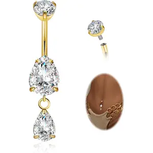 14G G23 Pure Titanium Dangle Belly Button Ring for Women Dangling CZ Navel Ring Teardrop Curved Barbell Belly Rings Internally Threaded Belly Piercing Jewelry