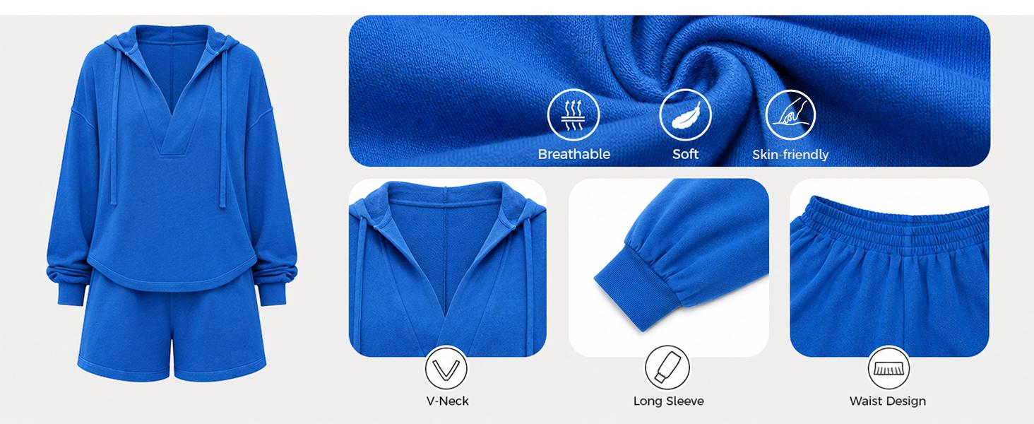Fisoew Womens 2 Piece Lounge Matching Sets Hoodies and Shorts Sweatsuits | Long Sleeve, V Neck, Two Piece, Oversized, Pullover Sweatshirts, Tracksuit, Active, Athleisure, Fall Outfit, Travel Vacation