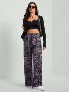 Women's High-Waisted Leopard Print Stretch Waist Wide Leg Streetwear Jeans, Trendy Long Pants for Casual, Fashionable Denim Bottoms