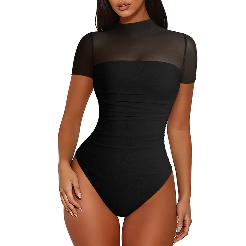 OYV Women's Sexy Mock Turtle Neck Short Sleeve Shirts Mesh Ruched Trendy Going Out Bodysuits Tops