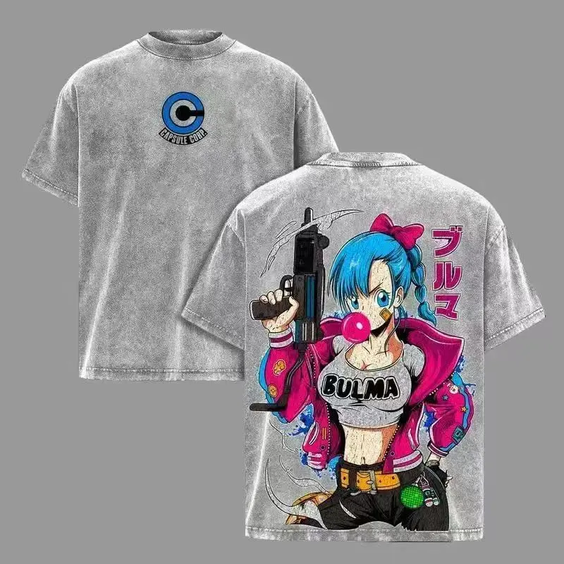 Bulma Anime Design Short-Sleeve T-Shirt, Gray, Casual Style, Ideal for Daily Wear