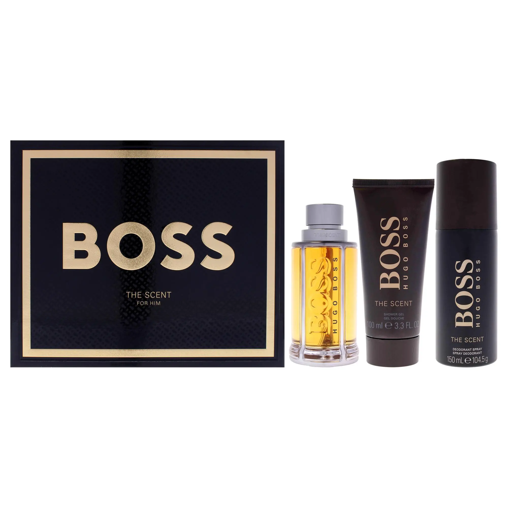 Boss The Scent by Hugo Boss for Men - 3 Pc Gift Set 3.3oz EDT Spray, 3.3oz Shower Gel, 5oz Deodorant Spray