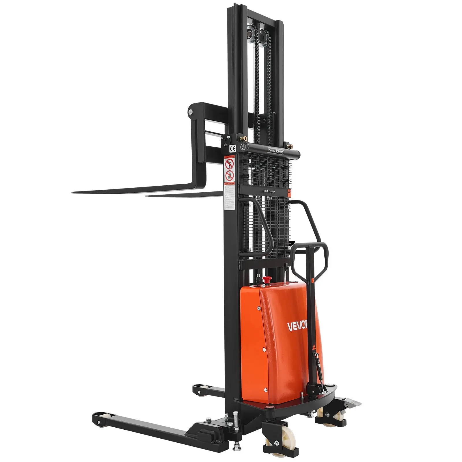 VEVOR Semi-Electric Pallet Stacker QSS15-SL-25, 3300lb Cargo Mover, Straddle Legs Pallet Lifting Forklift, 96.06in Lifting Height, 8.3-33.86in Adjustable Fork Width, Smooth Cargo Handling, Orange Black