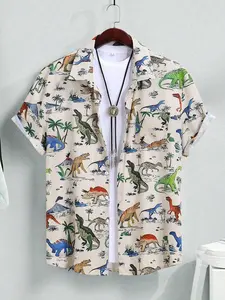 Men's Dinosaur Print Short Sleeve Shirt, Regular Fit Casual Button Down Top for Summer, Men's Clothes for Daily Wear, Menswear, Casual Fashion Shirt