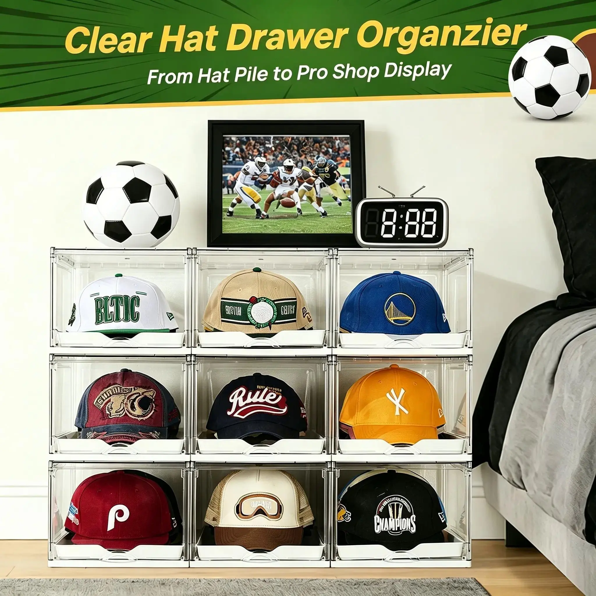 HOUCOC Rectangular Dustproof Minimalist Hat Organizer Box - Durable Storage Display Boxes with Sliding Drawer, Magnetic Door, Stackable Rack, Holds 12 Hats, for Sports Fans, BackToSchool Home Essentials
