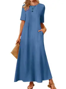 Pure Color Round Neck Pocket Short Sleeve Dress, Casual Summer Fashion, Women's Daily Wear, Comfortable and Stylish