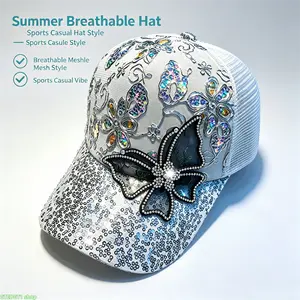 2 pcs Women'S Fashionable Sparkly Sequin Baseball Cap With Rhinestone Butterfly Embroidery, Stylish Adjustable Breathable Mesh Trucker Hat For Sun Protection, Casual Outdoor Sports Hat For Beach Travel And Daily Wear