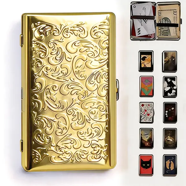 Vintage Art Deco Card Case, Slim Metal Wallet with RFID Blocking Protection, Business Card and ID Holder with Snap Closure, Credit Card Holder, Business Style Wallet