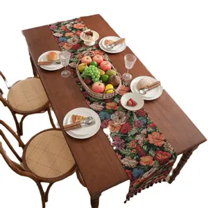 Yimanqiyun Jacquard Floral Table Runner Luxurious Tassels Vintage Tea Flag Long Thickened Dining Runner Size 33x120 to 33x400cm