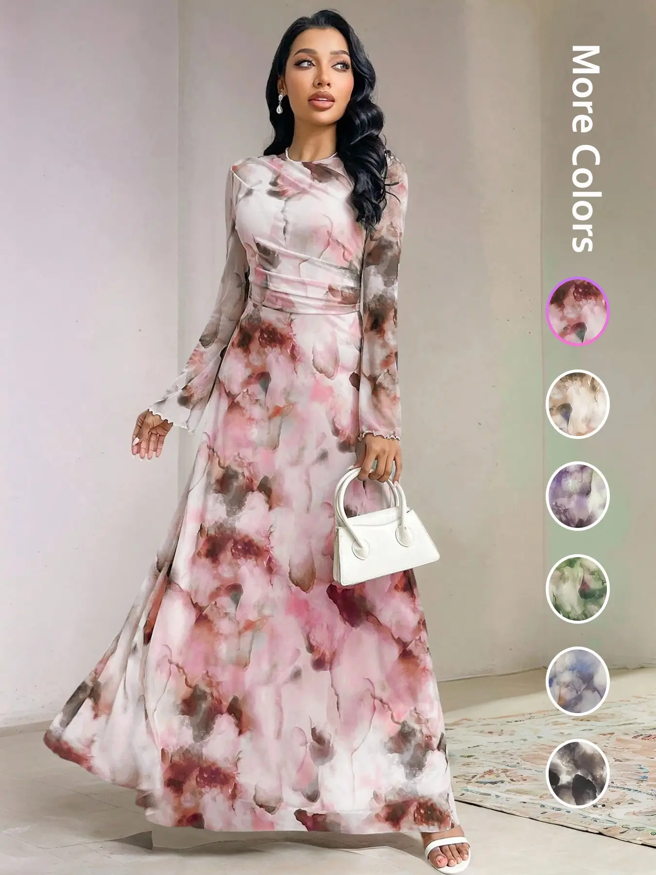 Women's Tie-Dye Print Long Dress, Round Neck Long Sleeve Elegant Chic Maxi Dress, Party Dress, Formal Dress, Concert Dress, Dress Up Gown