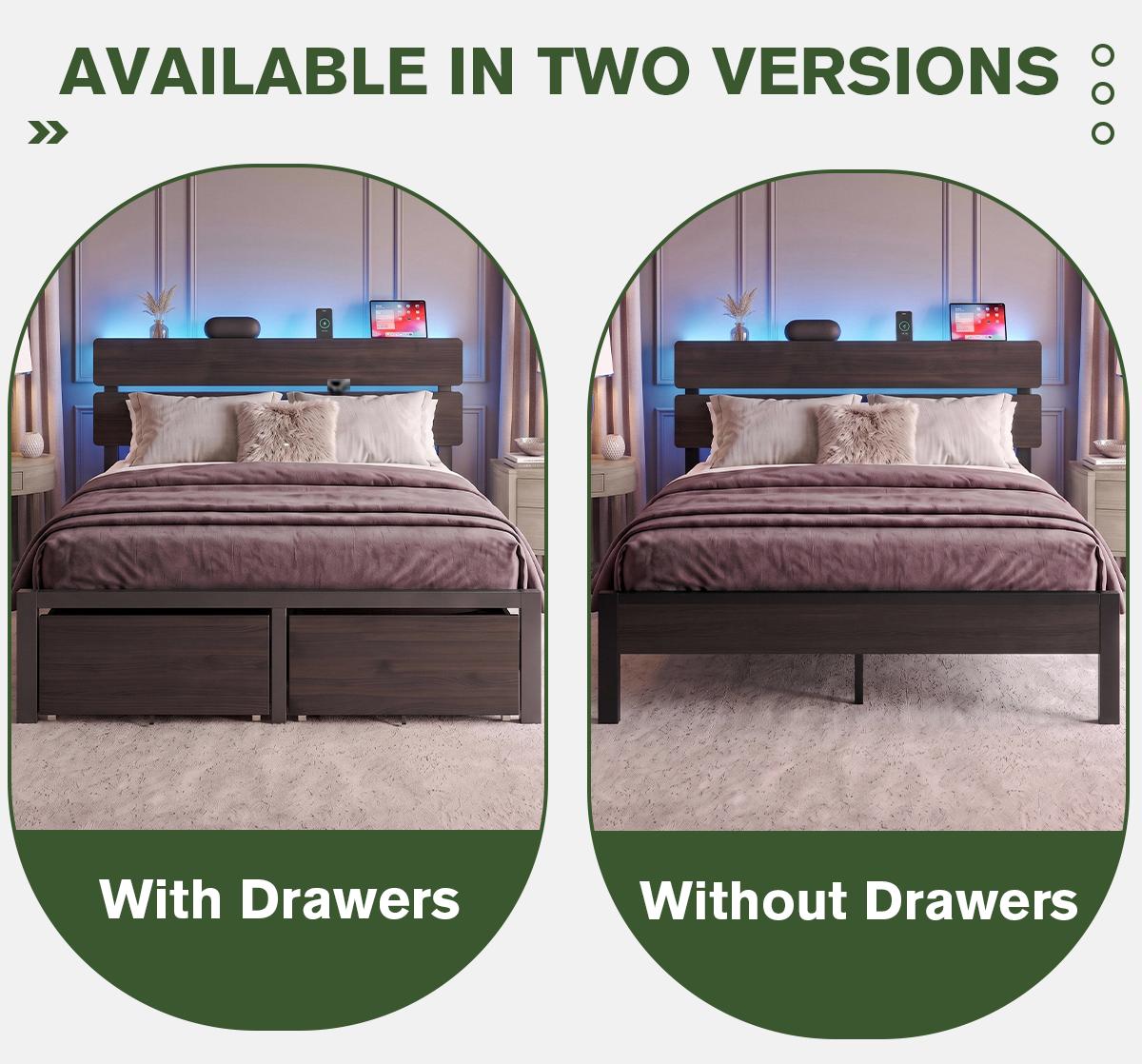 MUTICOR LED Bed Frame with 2 Fabric Storage Drawers, Charging Station & MDF Storage Headboard, Steel Slat Platform Bed with Underbed Storage, No Box Spring Needed