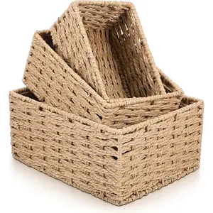 3 Pack Small Wicker Baskets for Organizing, Rectangular Handwoven Natural Paper Rope Baskets Toilet Paper Storage Basket for Home Shelves Bathroom Organizing Decor