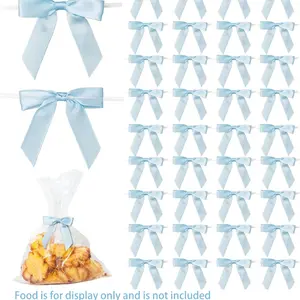 50pcs/set sky Blue Color Twist Tie Bows, Satin Ribbon Bows for Gift Wrapping, Gift Package, Treat Bags, Cake Decorating, Parties & Weddings, party decoration, party supplies, Event Supplies