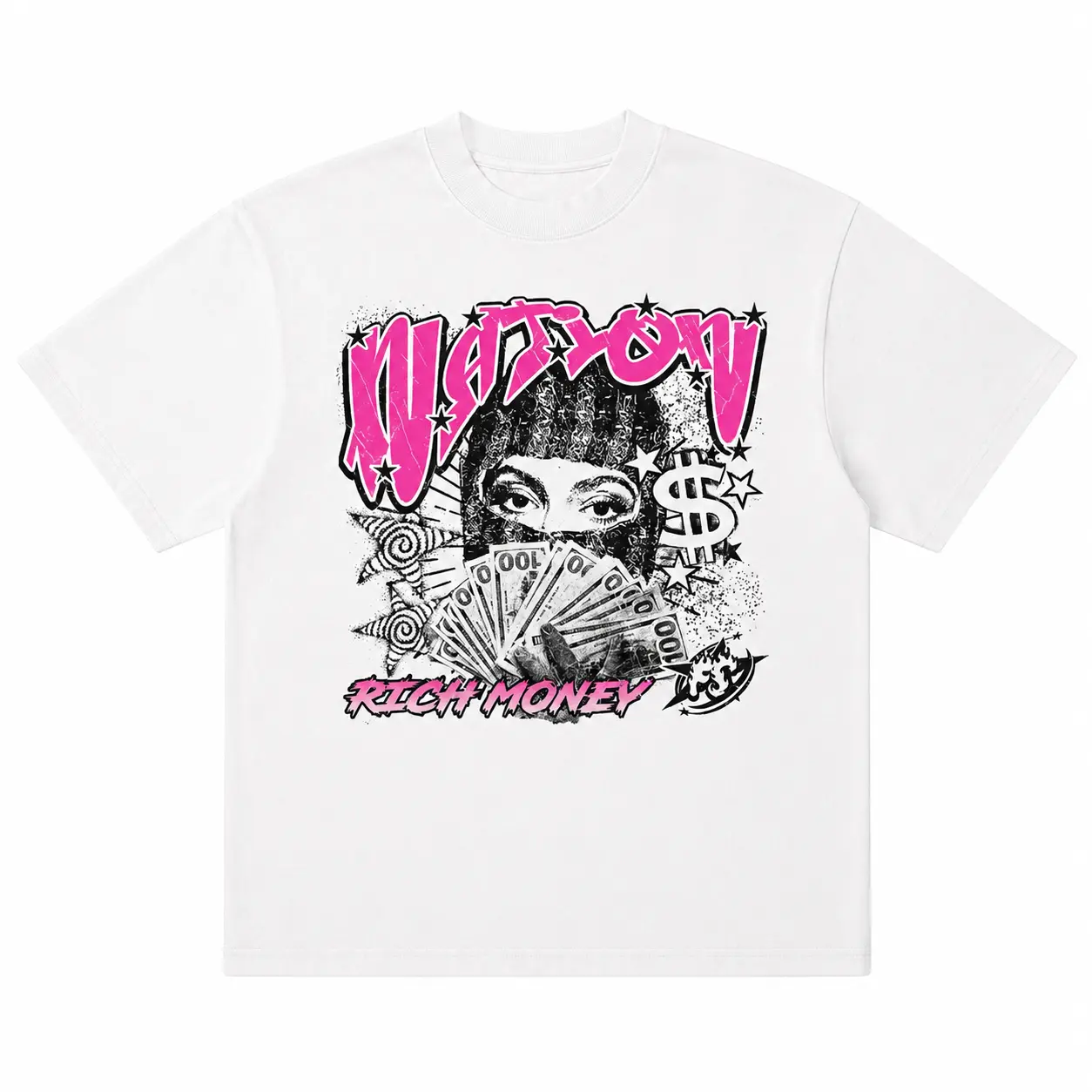 Y2K Hip-Hop Men Graphic Tee Streetwear Men Anime Shirt, Pink Lips Eyeball Lollipop Star Logo Front Back Print White Men Clothes, Y2K Summer Hip