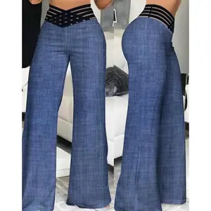 Women Wide Leg Flared Pants 2024 New Y2k Casual Crisscross Sheer Mesh Patch High Waist Trousers Elegant Streetwear Work Pants