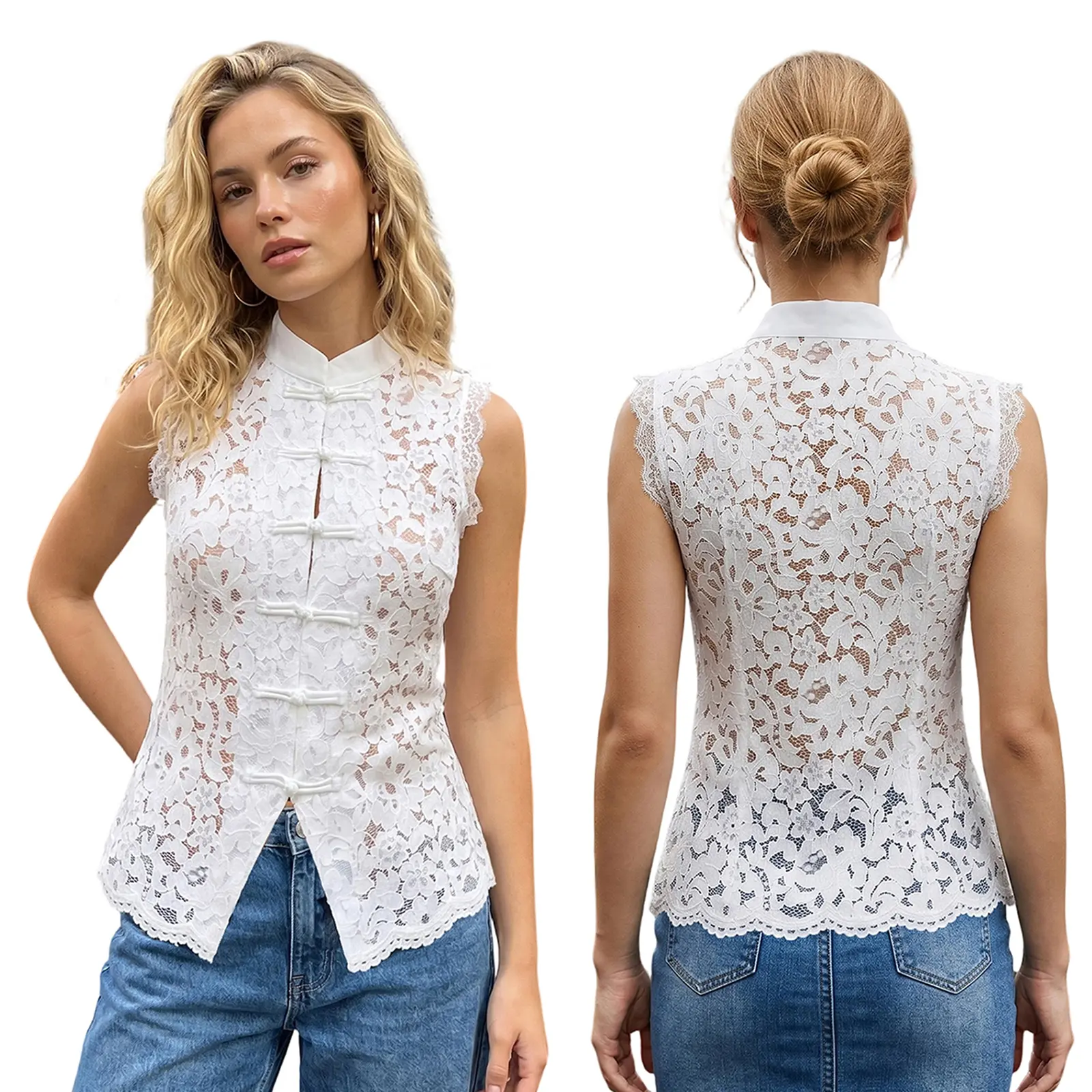 Women's White Lace Sleeveless Top, High Neck Eyelet Embroidered Blouse with Front Keyhole & Split Hem, Elegant Slim Fit Peplum Tank Top for Work & Casual