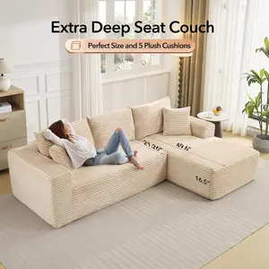 Garvee 108" Modular Sectional Sofa Couch – Deep Seat, Boneless Cloud Design, Modern Corduroy L-Shaped, No Assembly Needed, Living Room or Bedroom Furniture – Beige (Corduroy | Lie on Your Right Side)