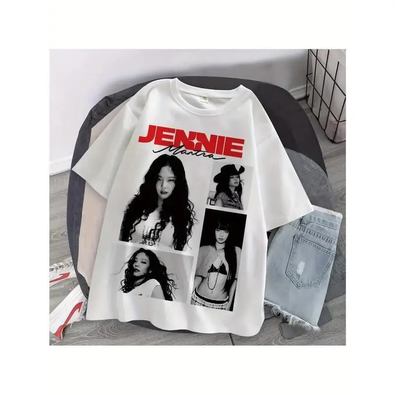 JENNIE Graphic T-Shirt -Heavyweight Cotton Oversized Round Neck, Bold K-Pop Print, Unisex Short Sleeve for Daily/K-Pop Events, Fans Gift Gift