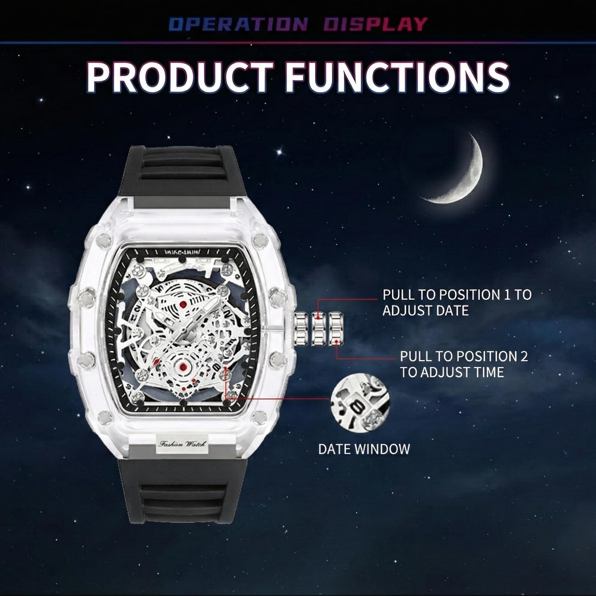 ANTHONY Men's Luxury Transparent Waterproof Barrel-Shaped Skeleton Quartz Watch with Calendar Display & Luminous Markers Water Resistant Wristwatch for Daily Party & Outdoor Use Great Birthday Gift Idea with Tin Box Included