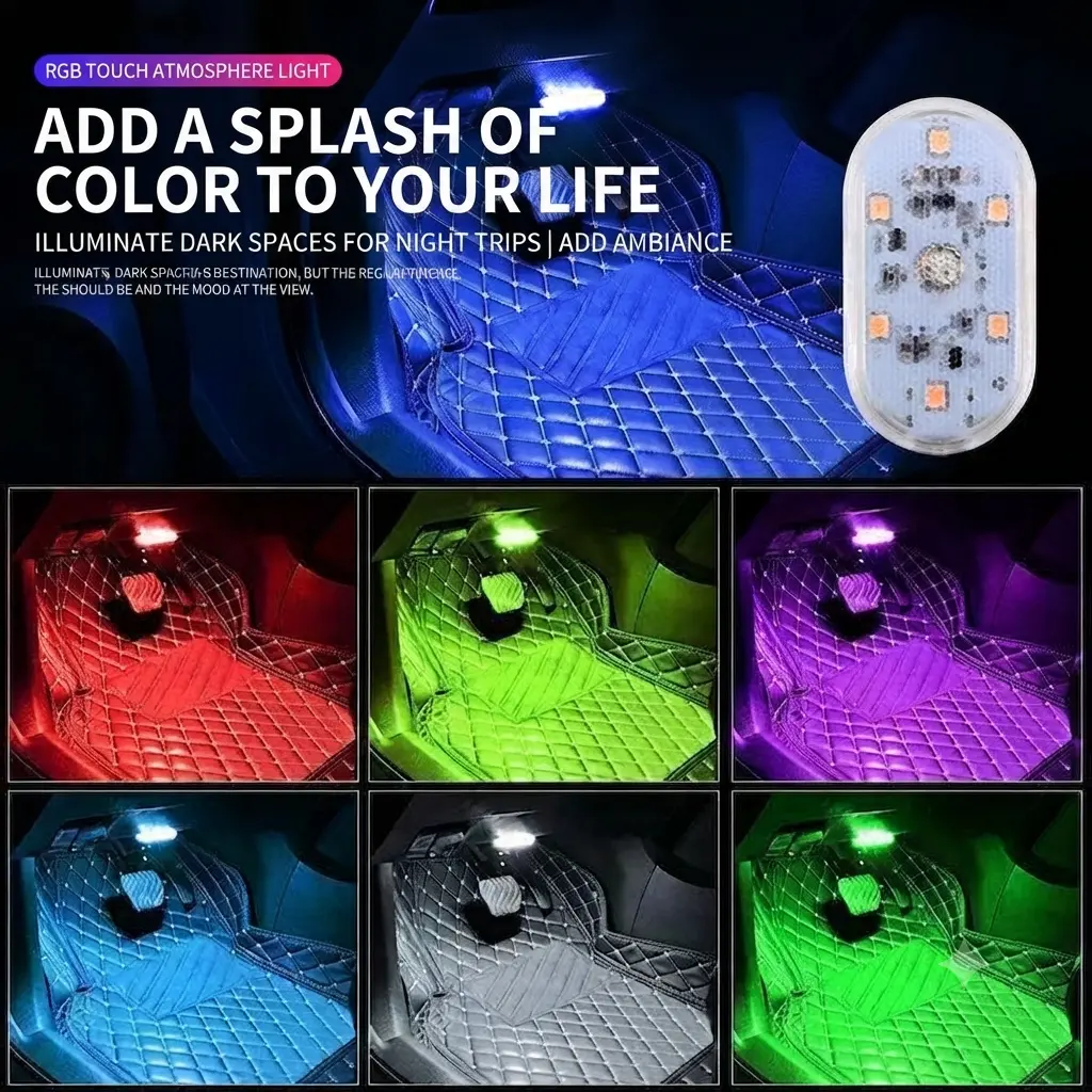 Mini 7-Color LED Car Interior Light, USB Rechargeable Wireless Touch-Control Ambient Lamp with 6 Bright LEDs, Compact Stick-On Mood Light for Footwell, Door, Console, Trunk & Home