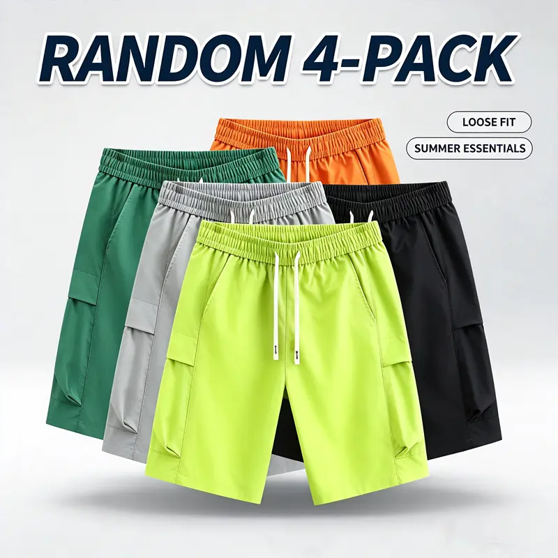 JEVPE Summer Essentials 4-Pack Men Quick Dry Cargo Shorts, Elastic Drawstring Loose Casual Shorts Multi Color For Beach Daily Workout