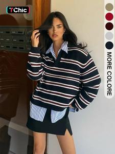 women's striped knit pullover sweater, casual long sleeve lapel neck, comfortable fall & winter fashion, simple style knitwear
